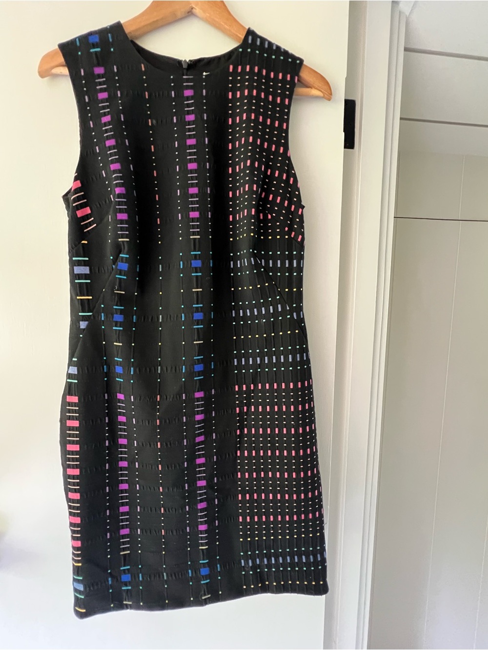 Black Sleeveless Shift Dress with Neon Grid Detail